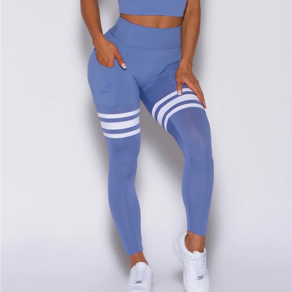 Bombshell denim blue scrunch thigh high leggings